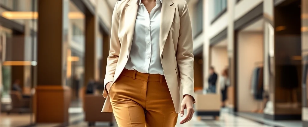 Woman wearing tailored camel trousers, crisp white button-down shirt, and structured cream blazer, walking through luxury retail mall interior with natural lighting