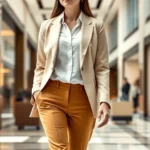 Woman wearing tailored camel trousers, crisp white button-down shirt, and structured cream blazer, walking through luxury retail mall interior with natural lighting