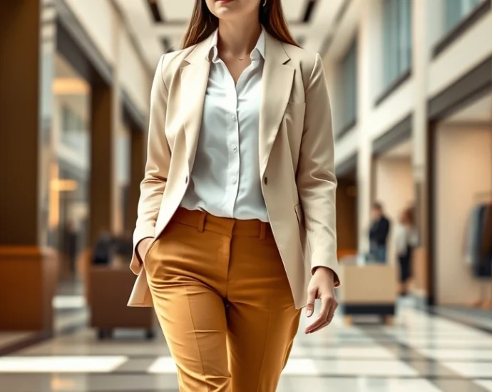 Woman wearing tailored camel trousers, crisp white button-down shirt, and structured cream blazer, walking through luxury retail mall interior with natural lighting
