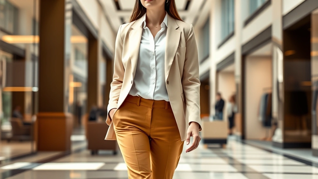 Woman wearing tailored camel trousers, crisp white button-down shirt, and structured cream blazer, walking through luxury retail mall interior with natural lighting