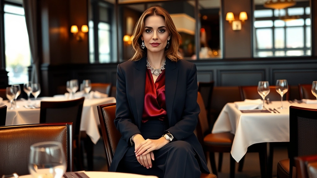 Elegant woman wearing tailored navy trousers, silk burgundy blouse, structured blazer, and statement jewelry, seated at upscale restaurant table with refined ambiance