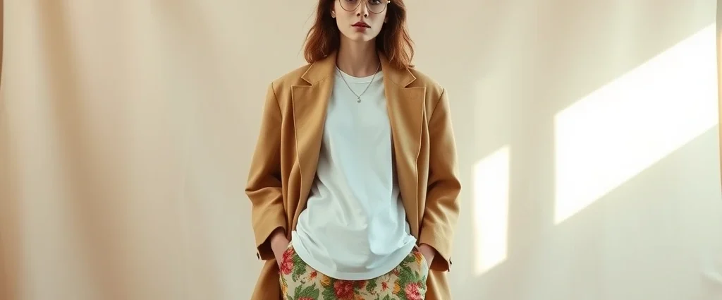 Styled vintage outfit mixing 1970s wide-leg floral trousers with modern minimalist white tee, layered with oversized tan linen blazer, shot against neutral backdrop with natural window lighting, fashion photography style