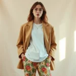 Styled vintage outfit mixing 1970s wide-leg floral trousers with modern minimalist white tee, layered with oversized tan linen blazer, shot against neutral backdrop with natural window lighting, fashion photography style