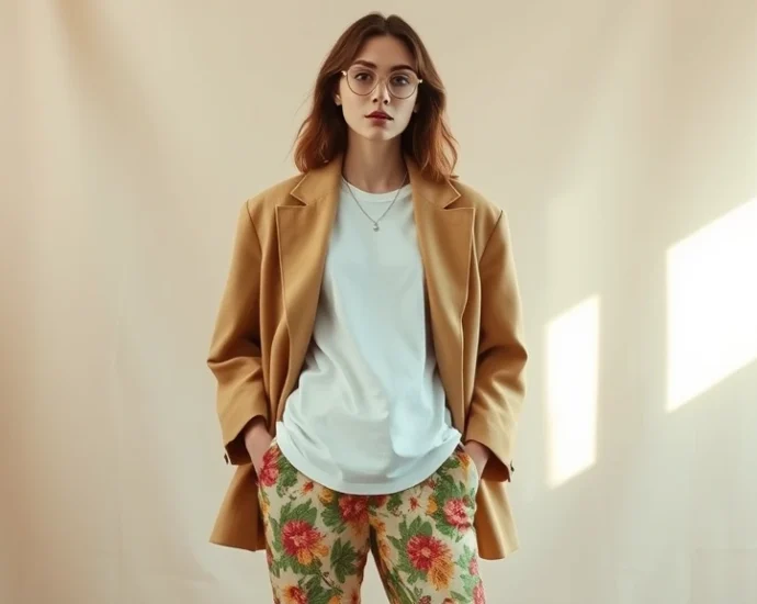 Styled vintage outfit mixing 1970s wide-leg floral trousers with modern minimalist white tee, layered with oversized tan linen blazer, shot against neutral backdrop with natural window lighting, fashion photography style