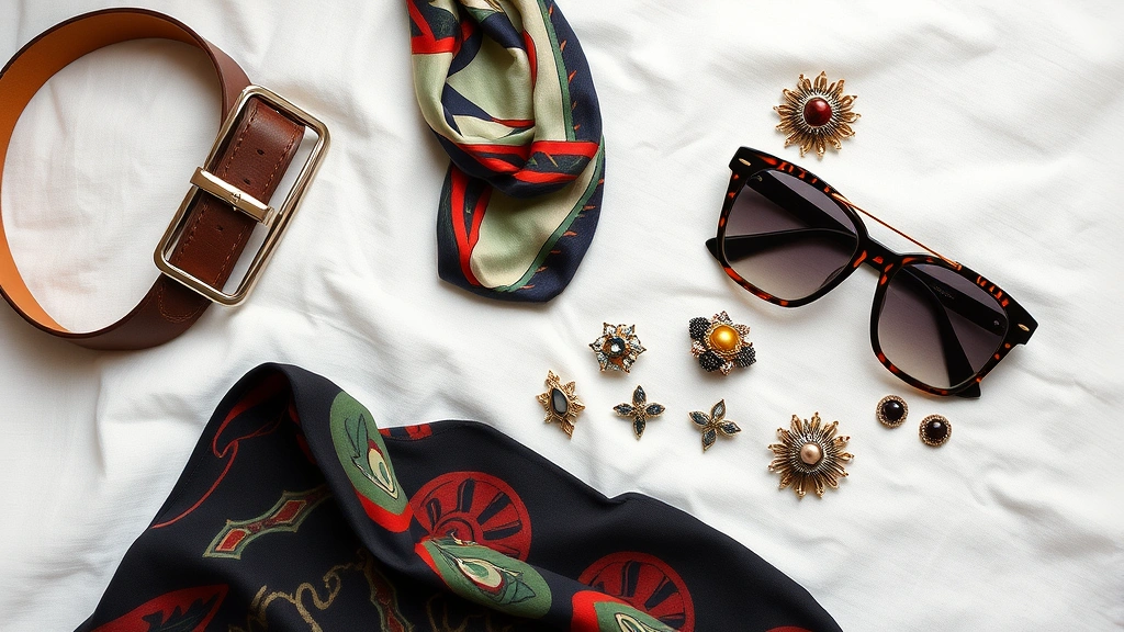 Flat lay arrangement of curated vintage pieces including 1980s leather belt, 1990s silk scarf, 1970s sunglasses, vintage brooches arranged artistically on white linen fabric, editorial fashion photography