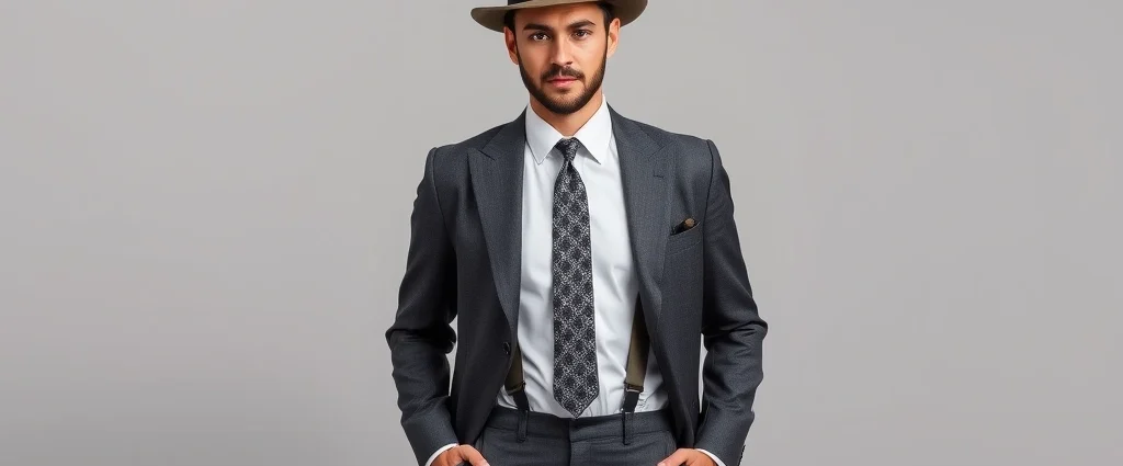 Well-groomed man in charcoal grey 1920s suit with wide lapels, white dress shirt, geometric patterned tie, visible suspenders, fedora hat, and polished oxford shoes against neutral background
