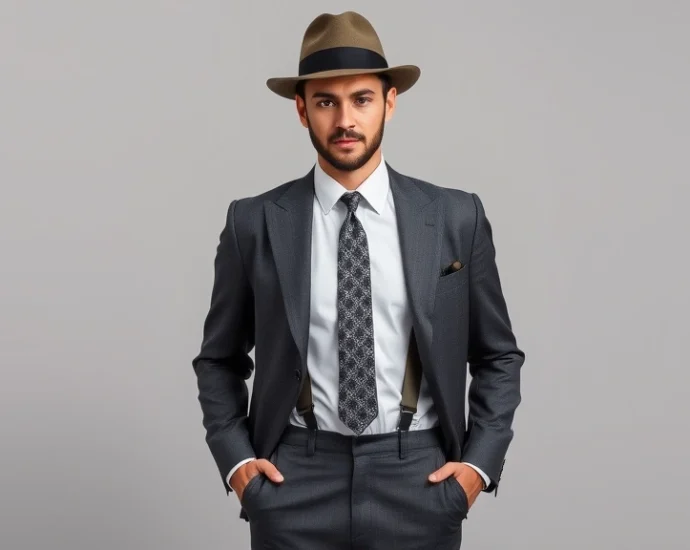 Well-groomed man in charcoal grey 1920s suit with wide lapels, white dress shirt, geometric patterned tie, visible suspenders, fedora hat, and polished oxford shoes against neutral background