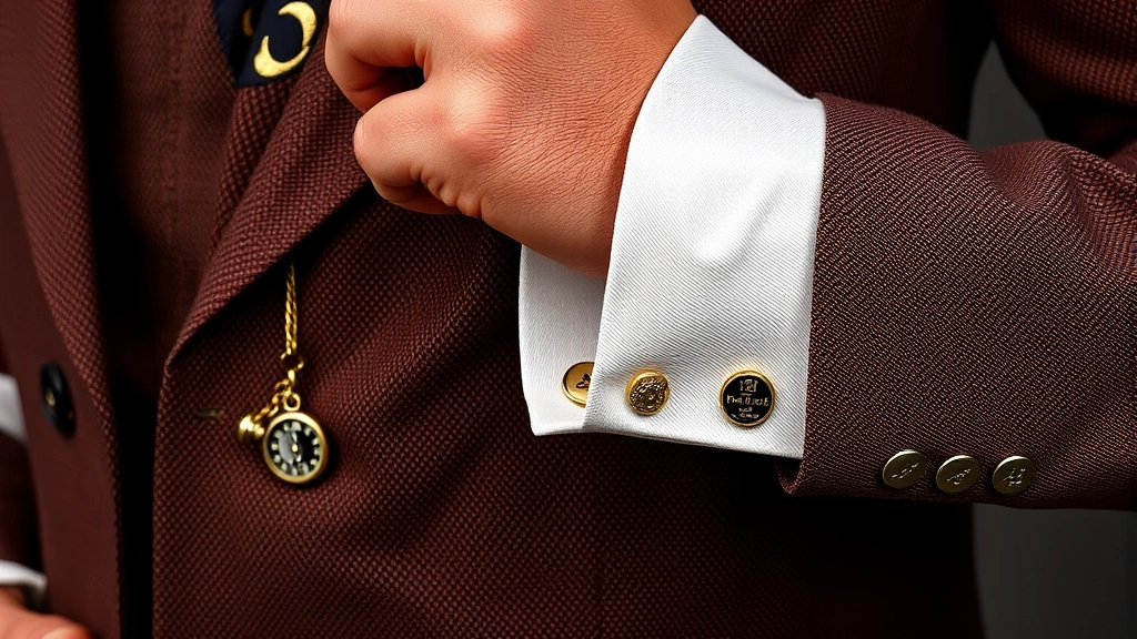 Close-up detail of 1920s menswear showing waistcoat pattern, pocket watch chain, cufflinks, pocket square, and grosgrain-trimmed fedora highlighting era-specific accessories and textures