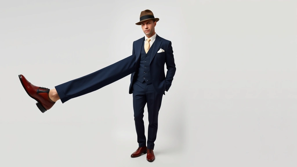 Full-body shot of gentleman wearing navy 1920s suit with cream shirt, spectator shoes in two-tone leather, fedora, and relaxed confident posture exemplifying roaring twenties masculine aesthetic