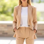Woman wearing perfectly fitted neutral blazer over white tee and tailored trousers, standing confidently in natural light, showcasing classic wardrobe foundations