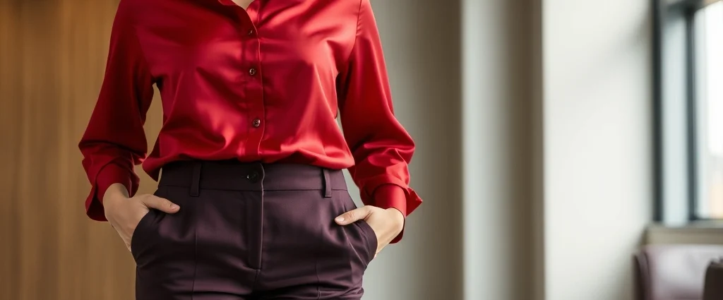 Professional woman wearing crisp scarlet silk button-up shirt with deep plum tailored trousers, standing confidently in modern office setting with neutral background, natural lighting emphasizing fabric texture and color richness