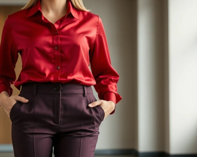 Professional woman wearing crisp scarlet silk button-up shirt with deep plum tailored trousers, standing confidently in modern office setting with neutral background, natural lighting emphasizing fabric texture and color richness