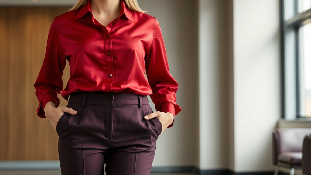 Professional woman wearing crisp scarlet silk button-up shirt with deep plum tailored trousers, standing confidently in modern office setting with neutral background, natural lighting emphasizing fabric texture and color richness
