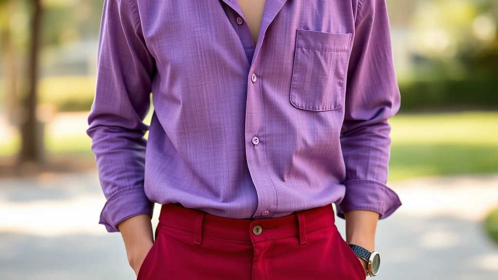 Fashion-forward individual in relaxed violet linen shirt paired with burgundy scarlet chinos, casual outdoor setting with soft natural light, showcasing textural contrast between fabrics and color harmony