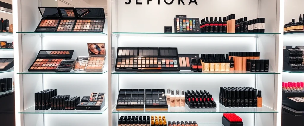 Professional makeup display with luxury beauty products arranged on elegant shelves, featuring colorful eyeshadow palettes, foundation bottles, and lipstick collections in a modern Sephora boutique setting with soft lighting