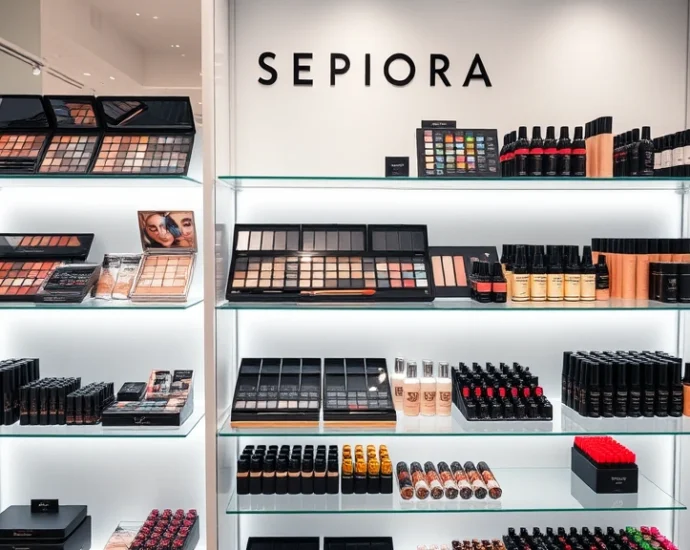 Professional makeup display with luxury beauty products arranged on elegant shelves, featuring colorful eyeshadow palettes, foundation bottles, and lipstick collections in a modern Sephora boutique setting with soft lighting
