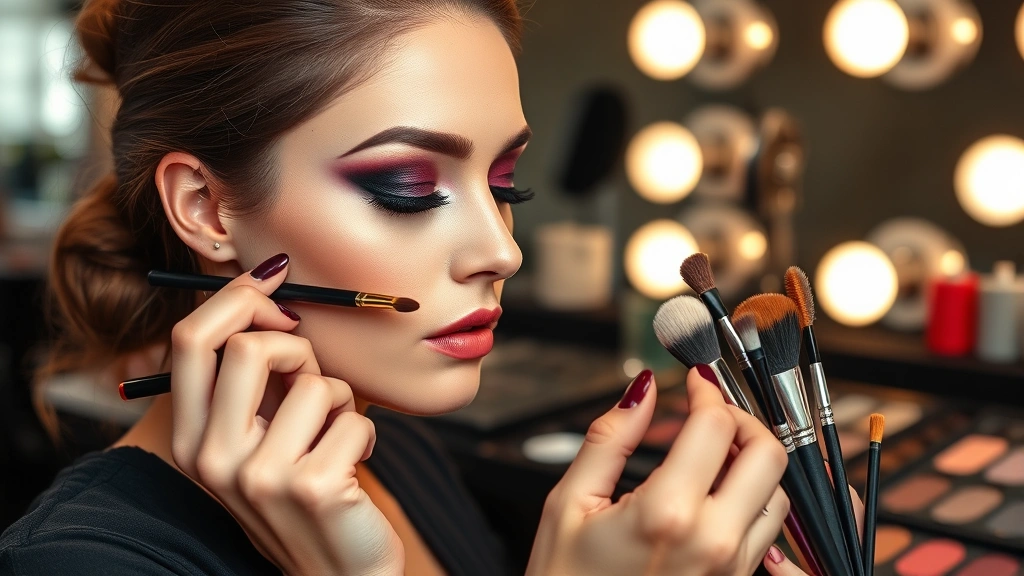 Fashion-forward makeup artist applying dramatic eyeshadow with professional brushes, featuring jewel-toned eyeshadow palette, precise eyeliner application, and artistic makeup techniques in a stylish beauty studio environment