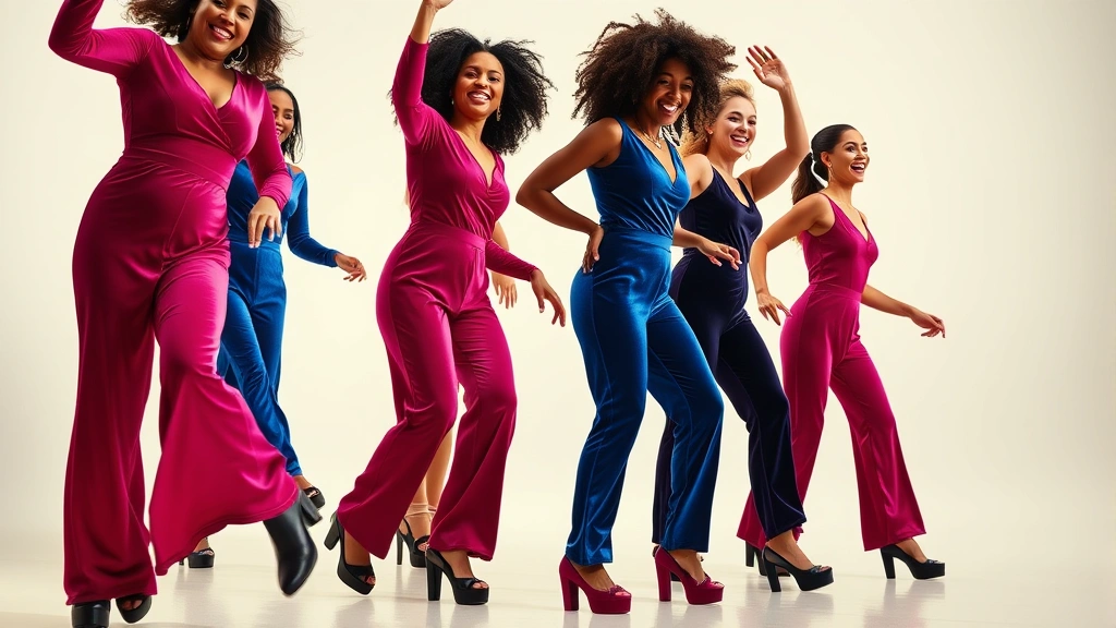 Group of diverse dancers in vibrant velvet jumpsuits in hot pink, electric blue, and deep purple, wearing platform shoes, dancing with joy and movement captured mid-motion