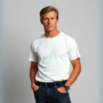 Steve McQueen wearing classic white t-shirt and dark jeans, standing confidently against neutral background, effortless masculine style, vintage 1960s aesthetic, professional photography