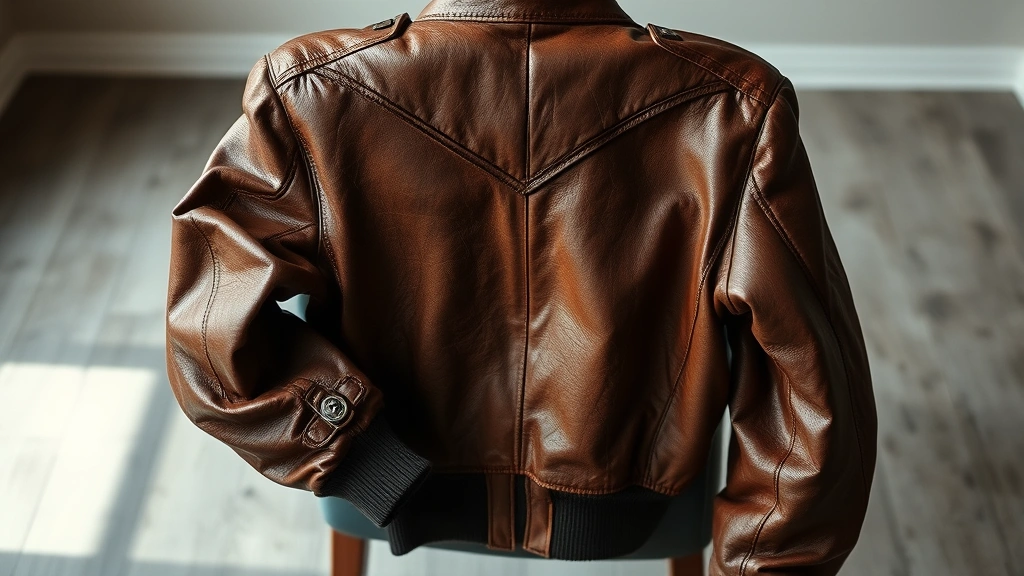 Vintage leather racing jacket draped over chair, distressed brown leather with perfect patina, quality craftsmanship details visible, natural lighting, minimalist composition highlighting texture