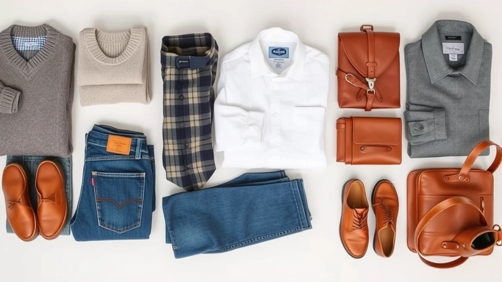 Carefully arranged collection of neutral clothing basics: folded sweaters, crisp white shirts, quality denim, leather accessories on light surface, organized capsule wardrobe aesthetic, clean styling