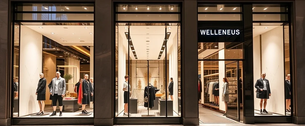 Luxury designer storefronts with elegant window displays showcasing high-end fashion collections, polished marble floors, sophisticated lighting, upscale retail environment