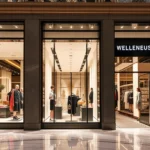 Luxury designer storefronts with elegant window displays showcasing high-end fashion collections, polished marble floors, sophisticated lighting, upscale retail environment