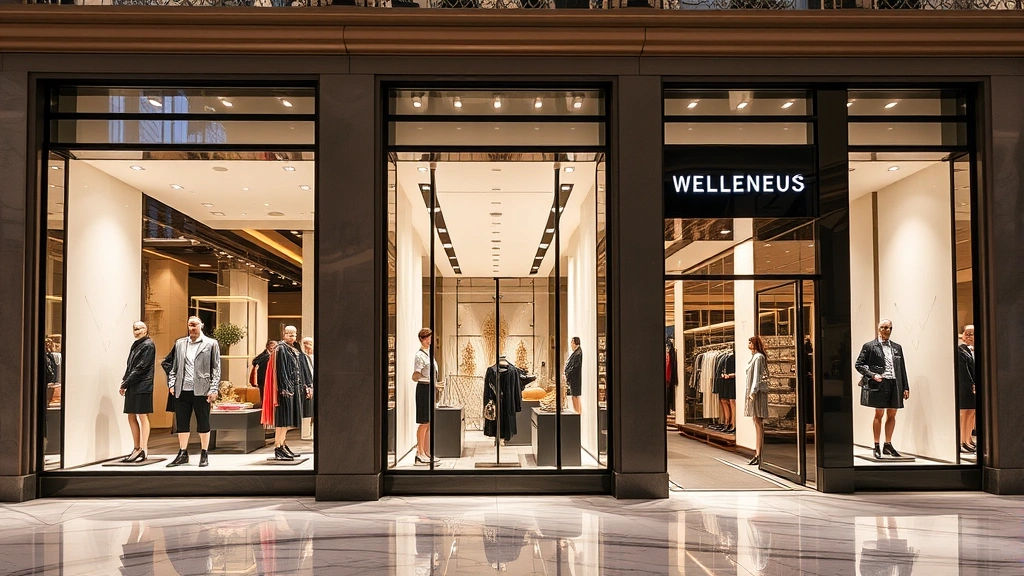 Luxury designer storefronts with elegant window displays showcasing high-end fashion collections, polished marble floors, sophisticated lighting, upscale retail environment