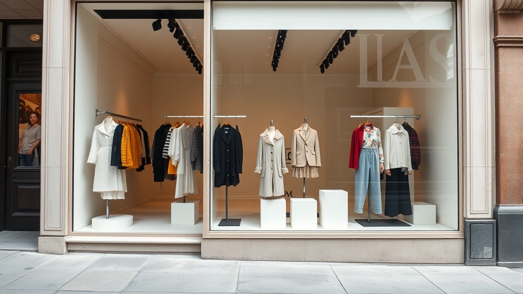 Boutique storefront with curated fashion items on display, minimalist window presentation, independent designer pieces, exclusive aesthetic, inviting entrance