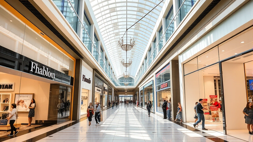 Fashion Valley Mall interior corridor featuring elegant storefronts, contemporary retail displays, shoppers browsing, modern architecture, bright natural lighting, premium shopping environment