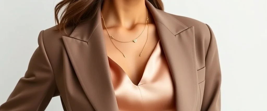 Fashion-forward woman wearing tailored blazer with silk camisole, statement gold jewelry, neutral color palette, confident posture against minimalist background