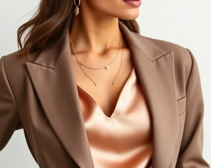 Fashion-forward woman wearing tailored blazer with silk camisole, statement gold jewelry, neutral color palette, confident posture against minimalist background