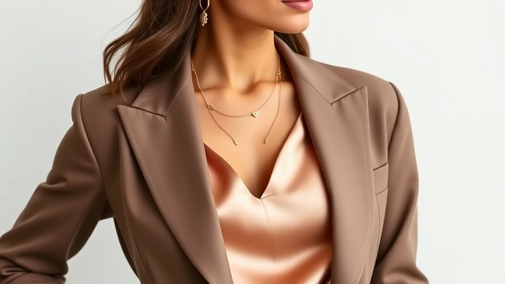 Fashion-forward woman wearing tailored blazer with silk camisole, statement gold jewelry, neutral color palette, confident posture against minimalist background