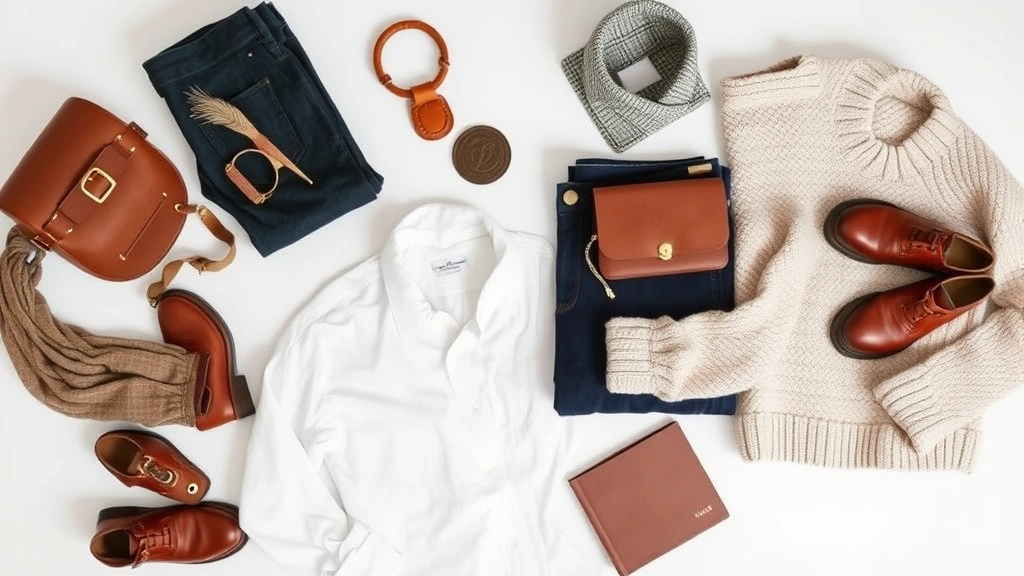 Overhead flat lay of curated wardrobe essentials including white button-up, dark denim, neutral sweaters, quality leather accessories arranged artfully on white surface