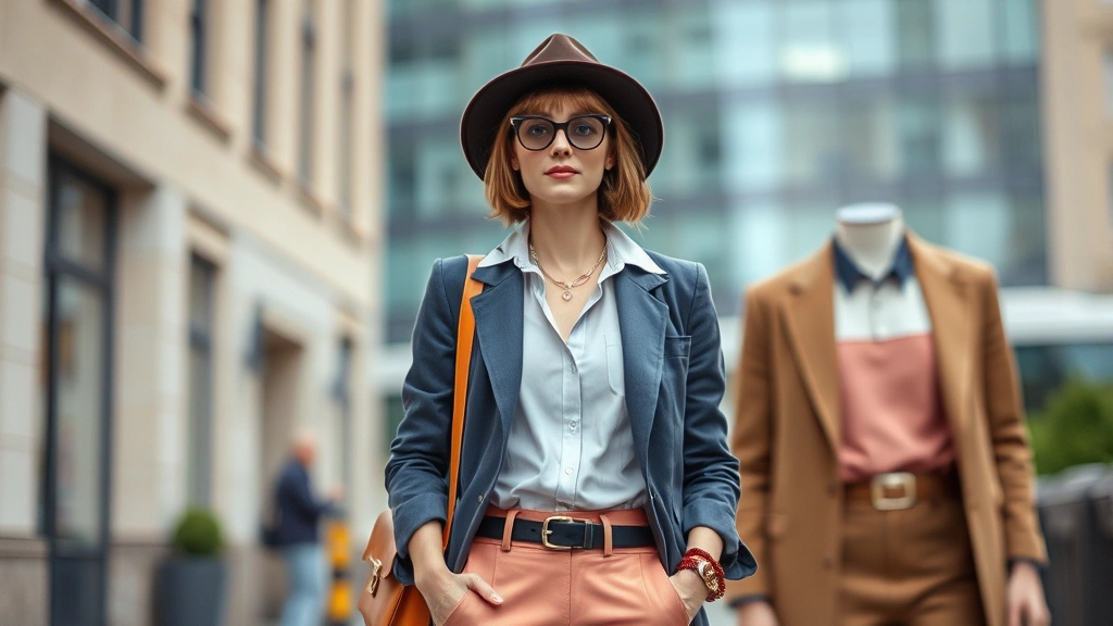 Stylish individual mixing vintage and contemporary pieces with complementary colors, layered accessories, professional yet creative aesthetic in urban setting