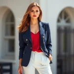 Stylish woman wearing tailored navy blazer with crisp white linen pants and red silk camisole, standing confidently with subtle patriotic accessories, natural outdoor lighting, professional fashion photography