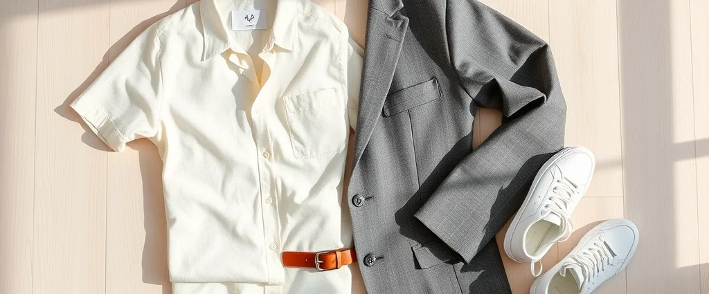 Flat lay of Scandinavian fashion essentials: cream linen shirt, gray tailored blazer, minimalist leather belt, white sneakers arranged on light wood surface with soft natural lighting