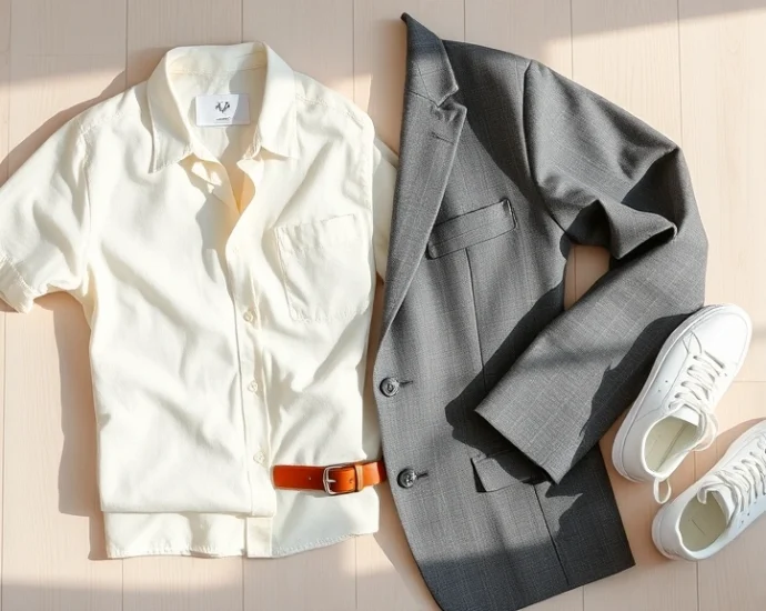 Flat lay of Scandinavian fashion essentials: cream linen shirt, gray tailored blazer, minimalist leather belt, white sneakers arranged on light wood surface with soft natural lighting