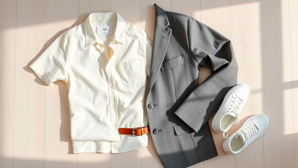 Flat lay of Scandinavian fashion essentials: cream linen shirt, gray tailored blazer, minimalist leather belt, white sneakers arranged on light wood surface with soft natural lighting