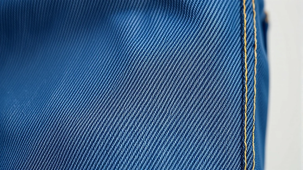 Close-up detail of premium denim fabric texture showing sophisticated stitching patterns and indigo weave, professional fashion photography style with neutral background