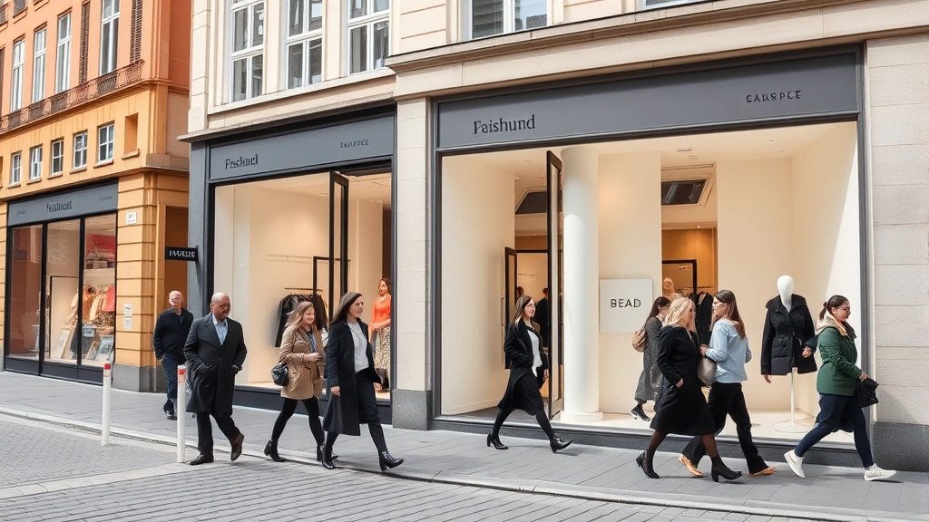 Stockholm fashion district street scene showing modern boutique storefronts with minimalist window displays, contemporary architectural design, natural daylight, fashion-forward pedestrians in coordinated outfits