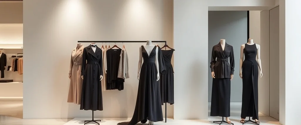 Elegant minimalist luxury fashion display featuring neutral tones, premium fabrics, and architectural silhouettes in a modern retail environment with soft lighting and clean lines