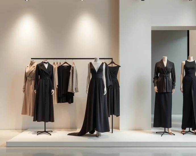 Elegant minimalist luxury fashion display featuring neutral tones, premium fabrics, and architectural silhouettes in a modern retail environment with soft lighting and clean lines