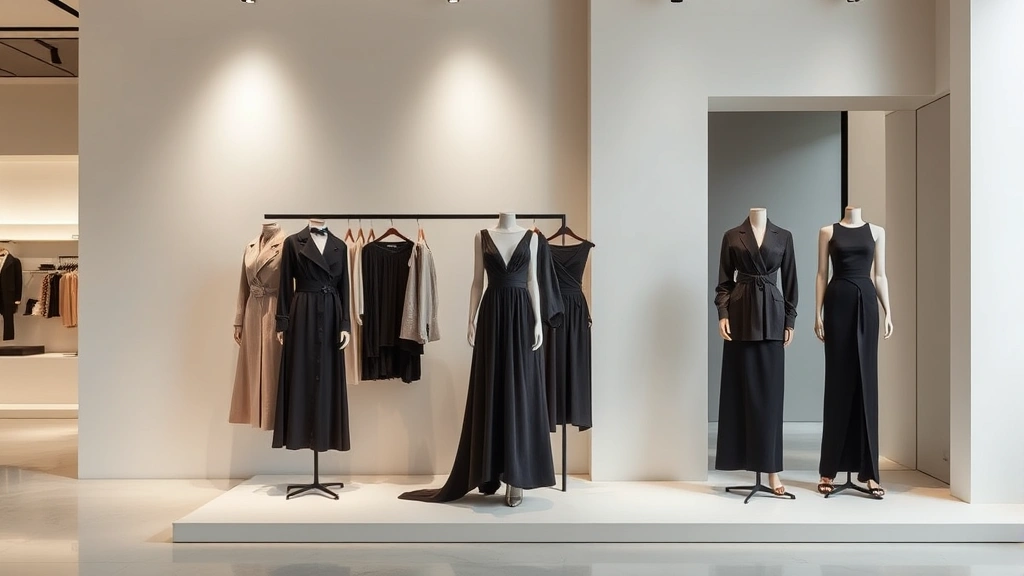 Elegant minimalist luxury fashion display featuring neutral tones, premium fabrics, and architectural silhouettes in a modern retail environment with soft lighting and clean lines