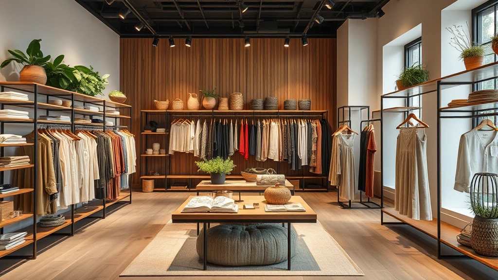 Sustainable fashion boutique interior showcasing eco-friendly designer collections, organic materials, and conscious luxury brands with sophisticated merchandising and curated displays