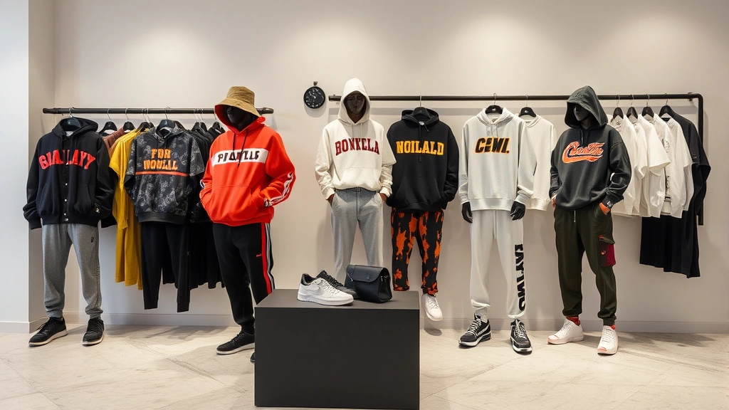 Contemporary streetwear fusion collection featuring high-fashion streetwear pieces, premium fabrication, innovative silhouettes, and urban-inspired designs displayed in modern retail setting