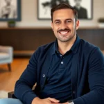 Professional man wearing navy polo shirt and charcoal cardigan, sitting in modern living room, confident relaxed pose, warm neutral tones, luxury casual aesthetic