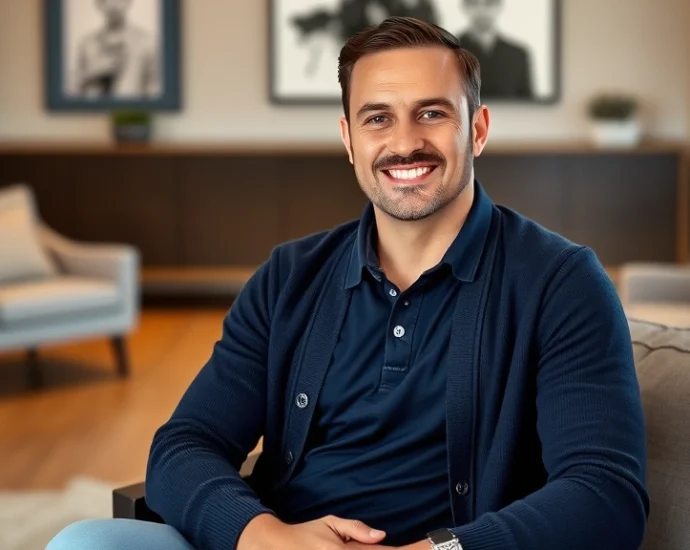 Professional man wearing navy polo shirt and charcoal cardigan, sitting in modern living room, confident relaxed pose, warm neutral tones, luxury casual aesthetic