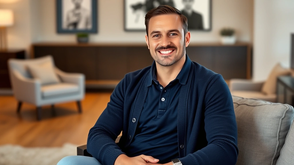 Professional man wearing navy polo shirt and charcoal cardigan, sitting in modern living room, confident relaxed pose, warm neutral tones, luxury casual aesthetic