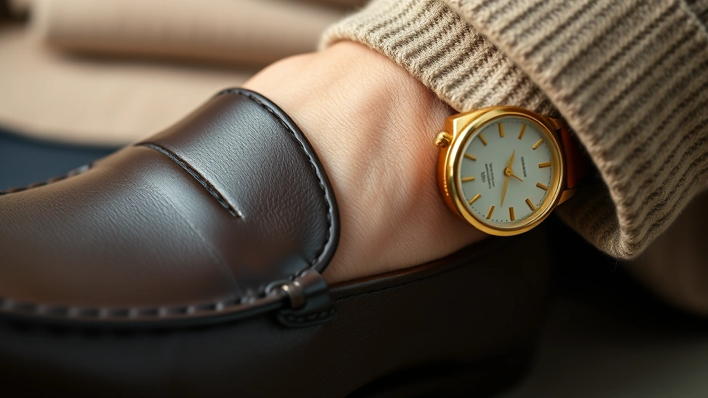 Close-up detail shot of quality leather loafers, cashmere sweater fabric, and gold watch on wrist, highlighting premium materials and craftsmanship, soft natural lighting